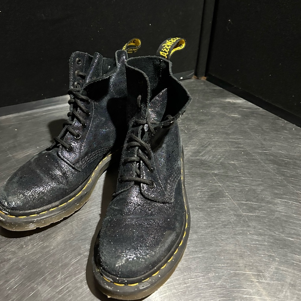 Dr. Martens Black Lace-Up Combat Boots with Yellow Stitching